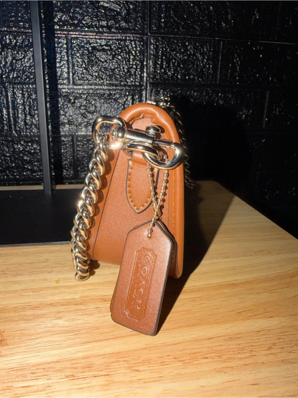 Coach Monogram Shoulder Bag in Beige and Brown with Chain Strap